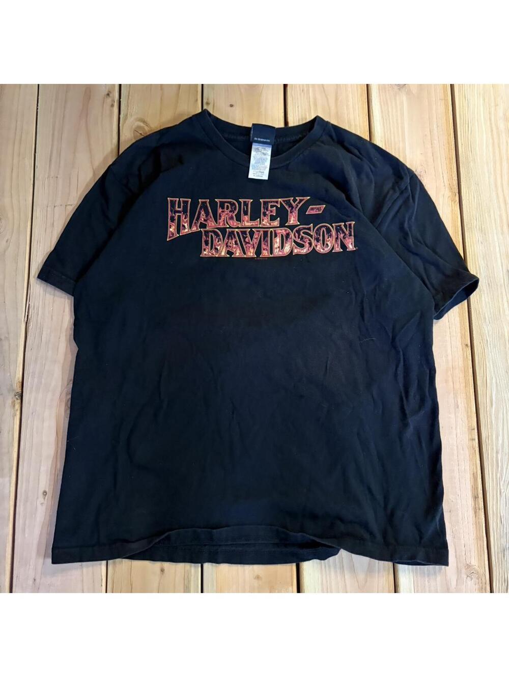 Y2k Harley Davidson shirt with bold orange and red flames